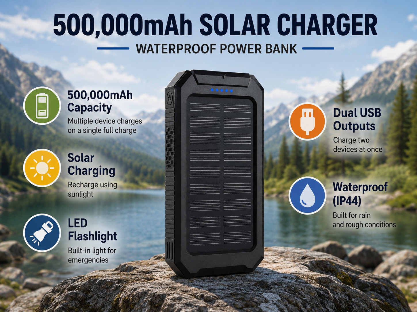 Outdoor Explorer | Solar Power Bank with Dual USB Ports | Waterproof Portable Charger for Emergency Power