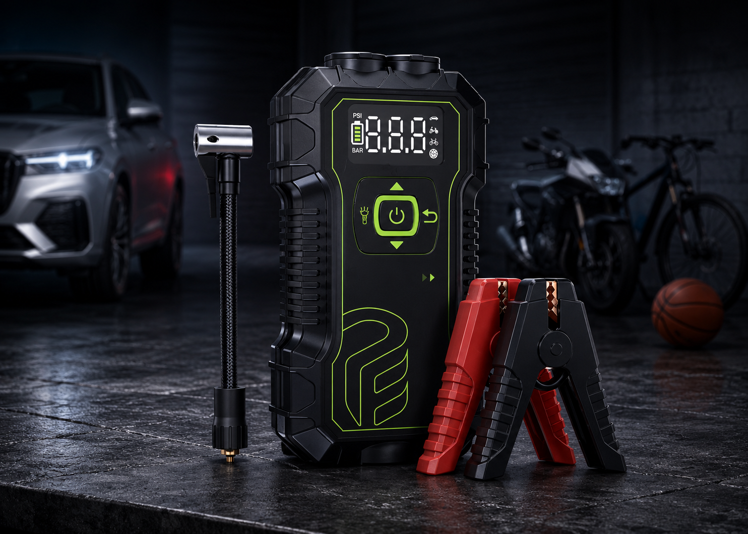 PowerBoost | 10000mAh Car Jump Starter with Air Compressor & Wireless Charging | Compact Design for Emergency Starts
