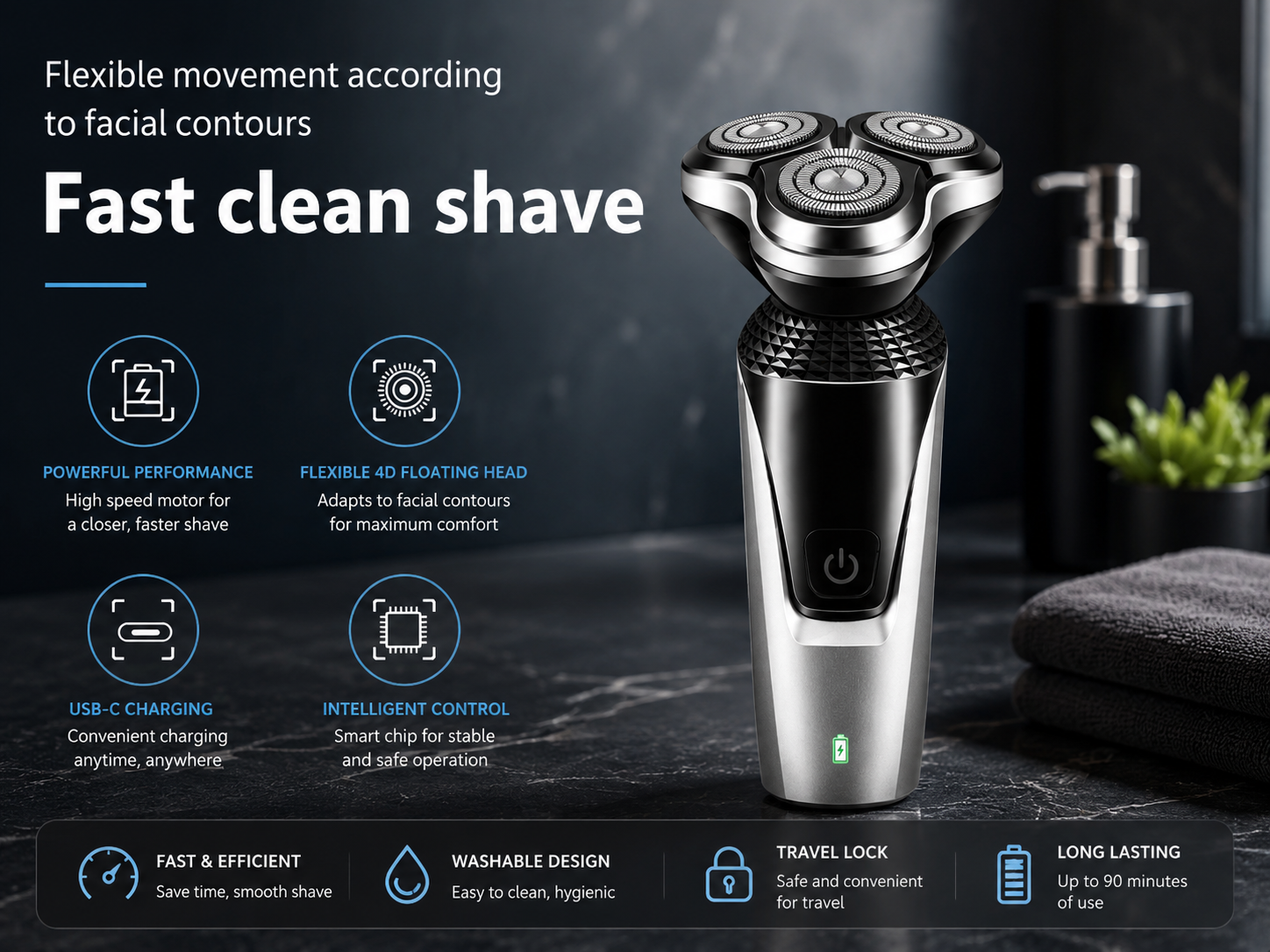 Electric Rotary Shaver for Men with 4D Technology & USB Charging | Waterproof Design for Smooth Shaving