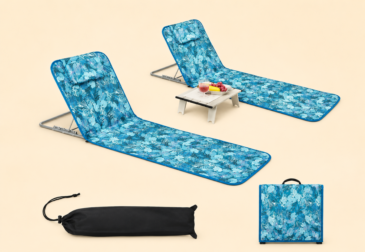 Summer Bliss | Portable Low Folding Beach Lounge Chair Set with Adjustable Backrest | Lightweight & Durable for Ultimate Relaxation