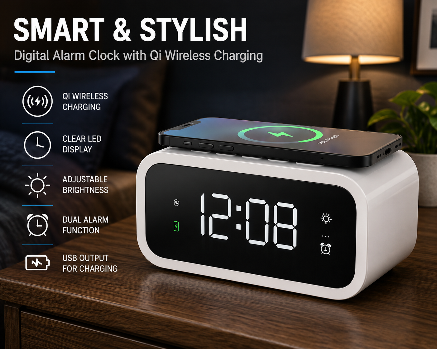 Multitime | Digital Alarm Clock with Qi Wireless Charging & Adjustable Brightness | Stylish Design for Convenient Bedside Use