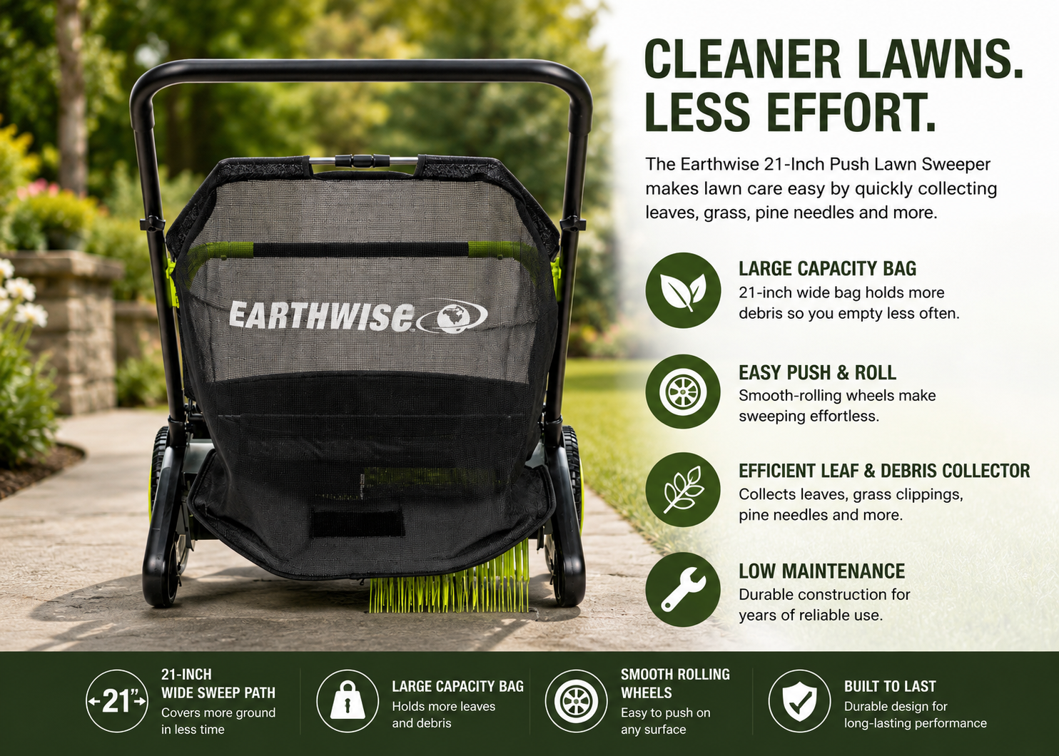 Lawn Care Collection | 21-Inch Push Lawn Sweeper with Large Capacity Bag | Efficient Leaf and Debris Collector for Easy Lawn Maintenance
