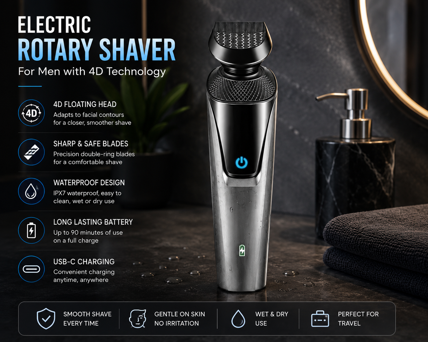 Electric Rotary Shaver for Men with 4D Technology & USB Charging | Waterproof Design for Smooth Shaving