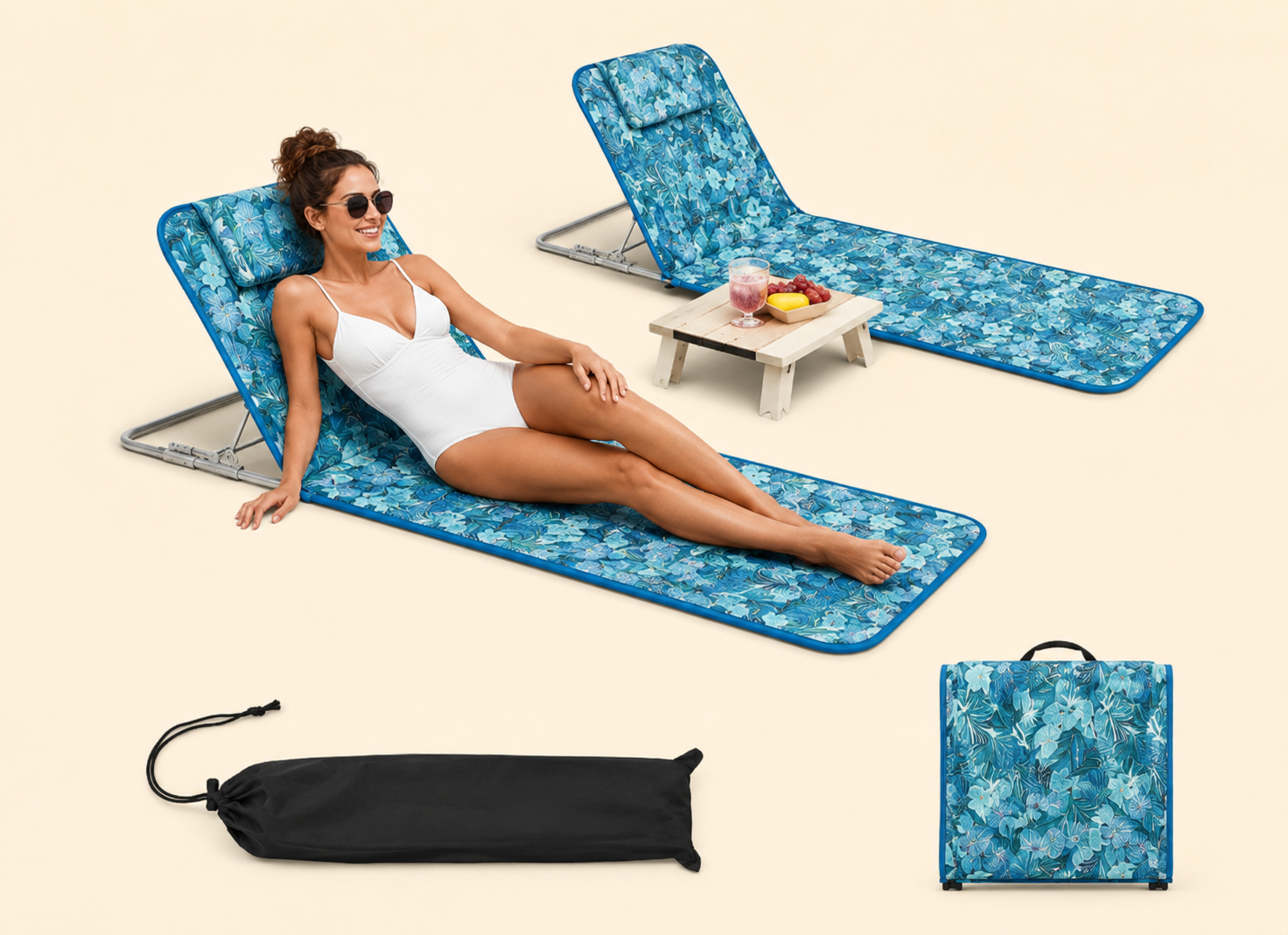Summer Bliss | Portable Low Folding Beach Lounge Chair Set with Adjustable Backrest | Lightweight & Durable for Ultimate Relaxation