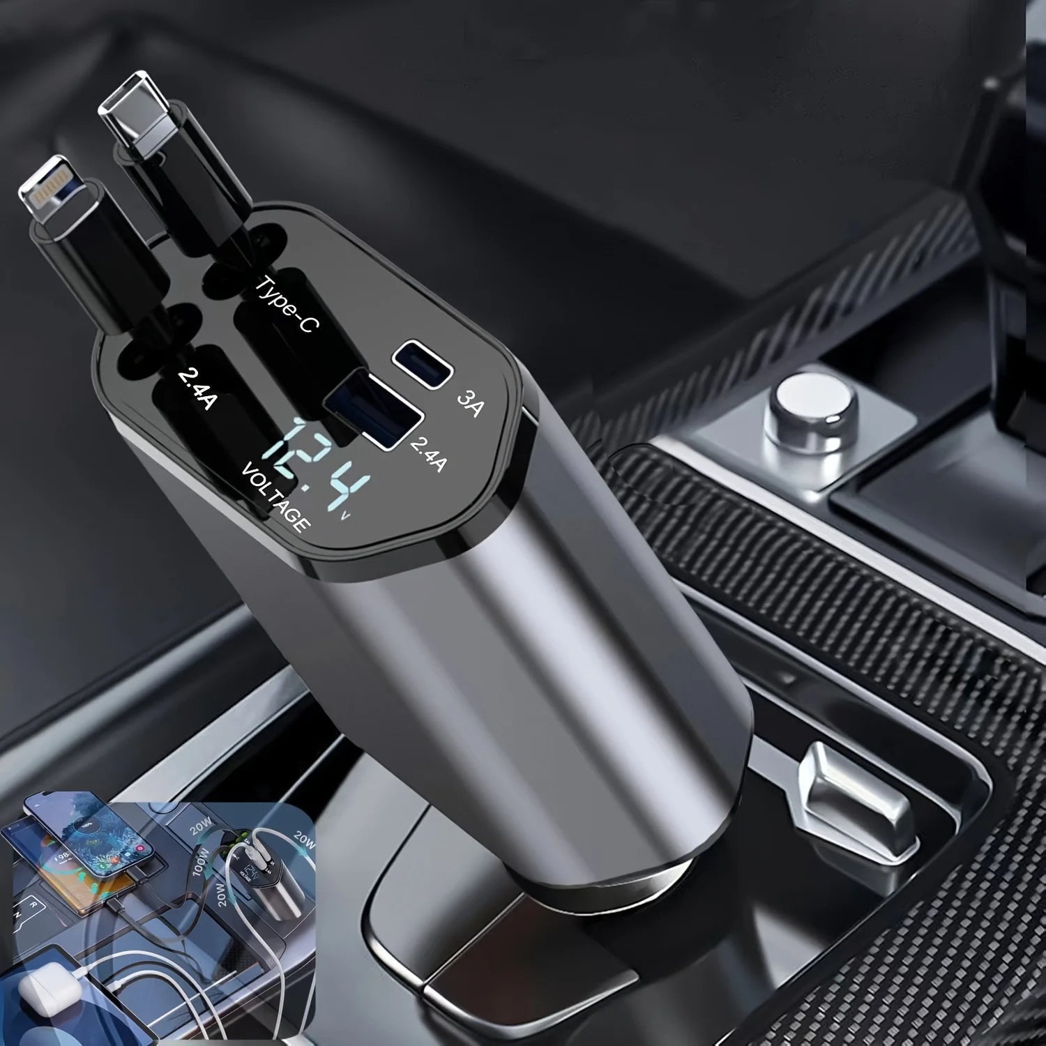 Compact Car Charger | 120W Retractable USB Adapter with Dual Ports | Fast Charging for All Devices 0