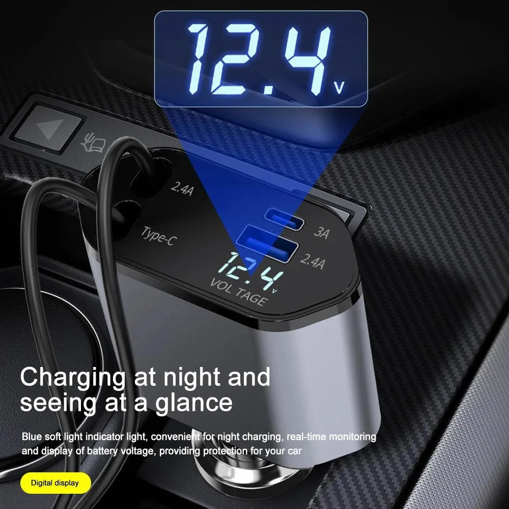 Compact Car Charger | 120W Retractable USB Adapter with Dual Ports | Fast Charging for All Devices 4
