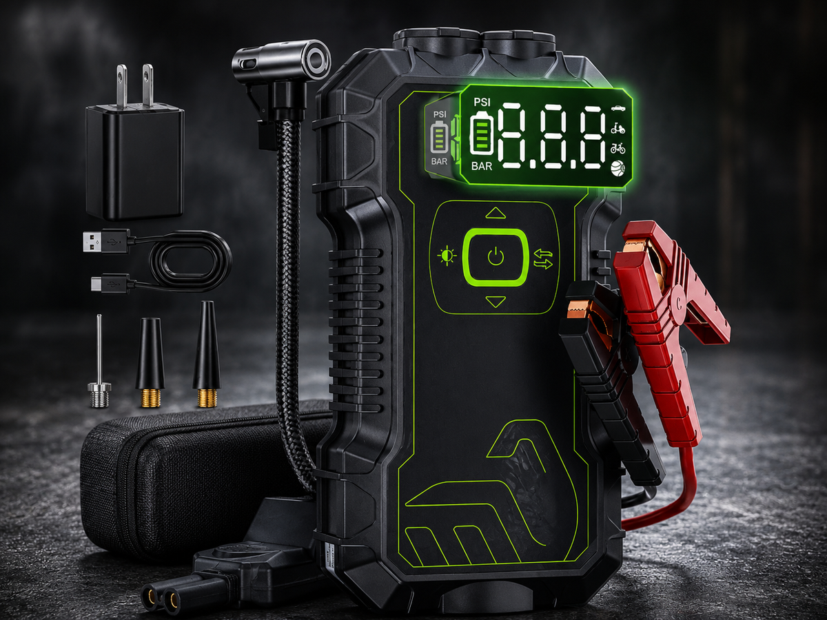 PowerBoost | 10000mAh Car Jump Starter with Air Compressor & Wireless Charging | Compact Design for Emergency Starts