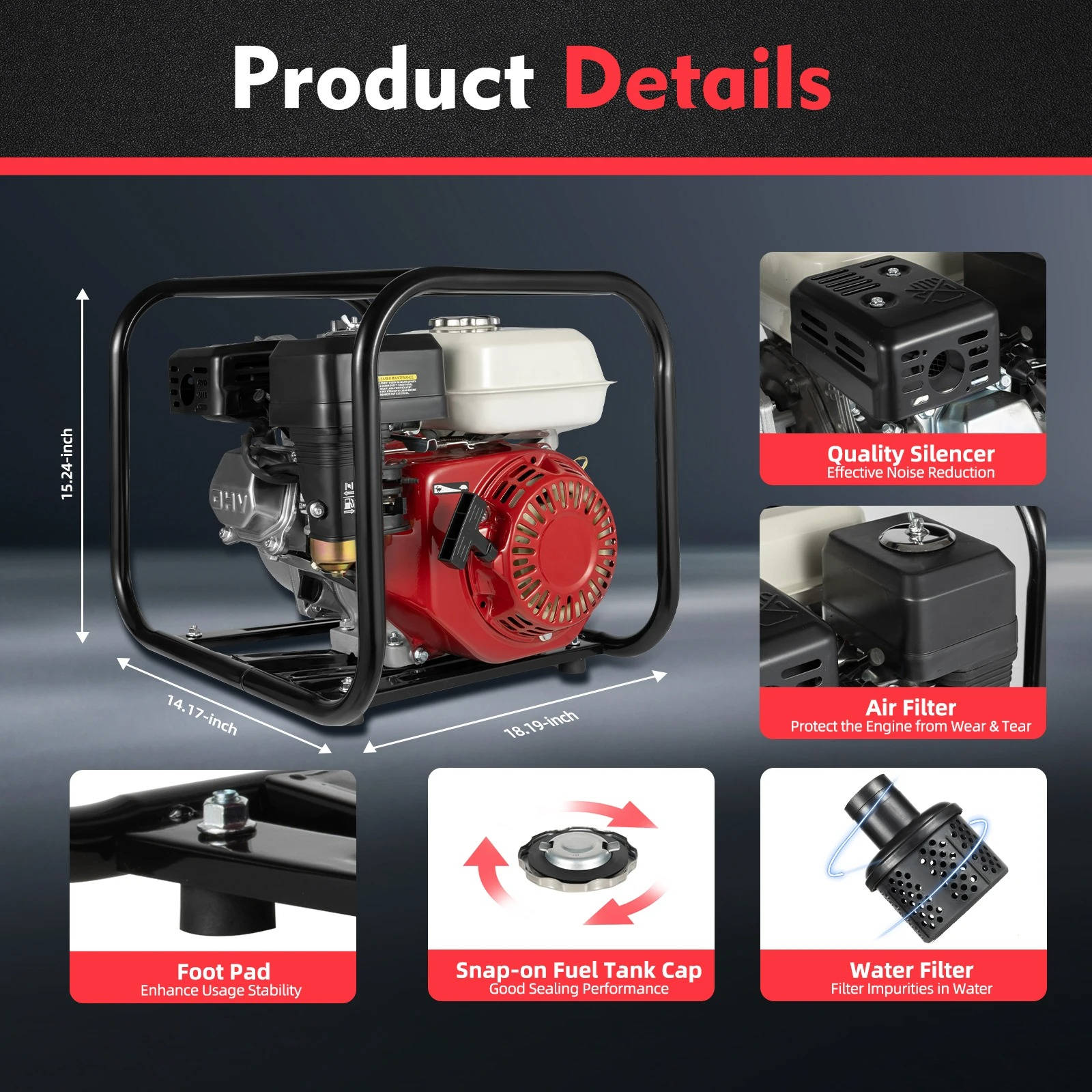 High Flow Gas Water Pump | 6.5HP 4-Stroke Engine with 92 Ft Lift | Efficient Irrigation and Drainage Solution 6