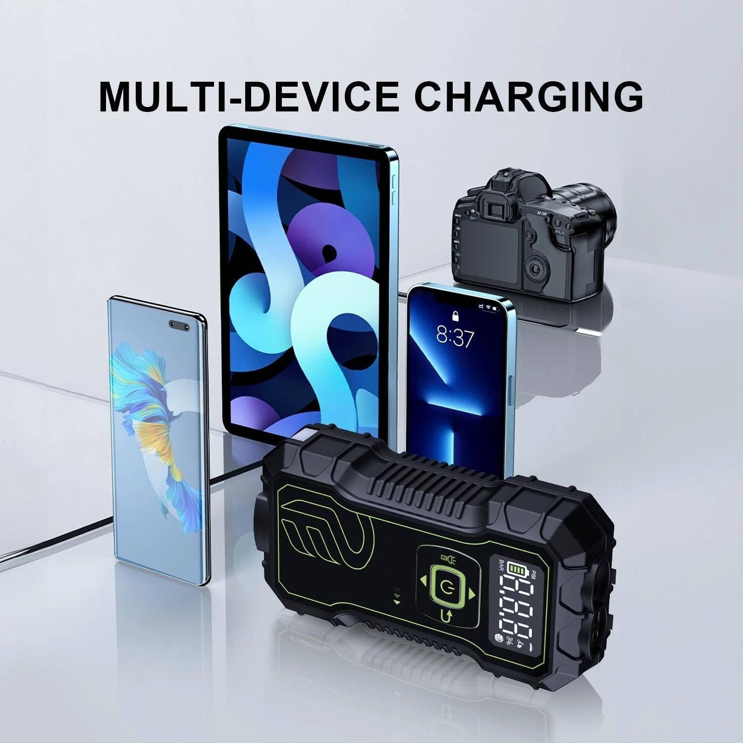 PowerBoost | 10000mAh Car Jump Starter with Air Compressor & Wireless Charging | Compact Design for Emergency Starts 4
