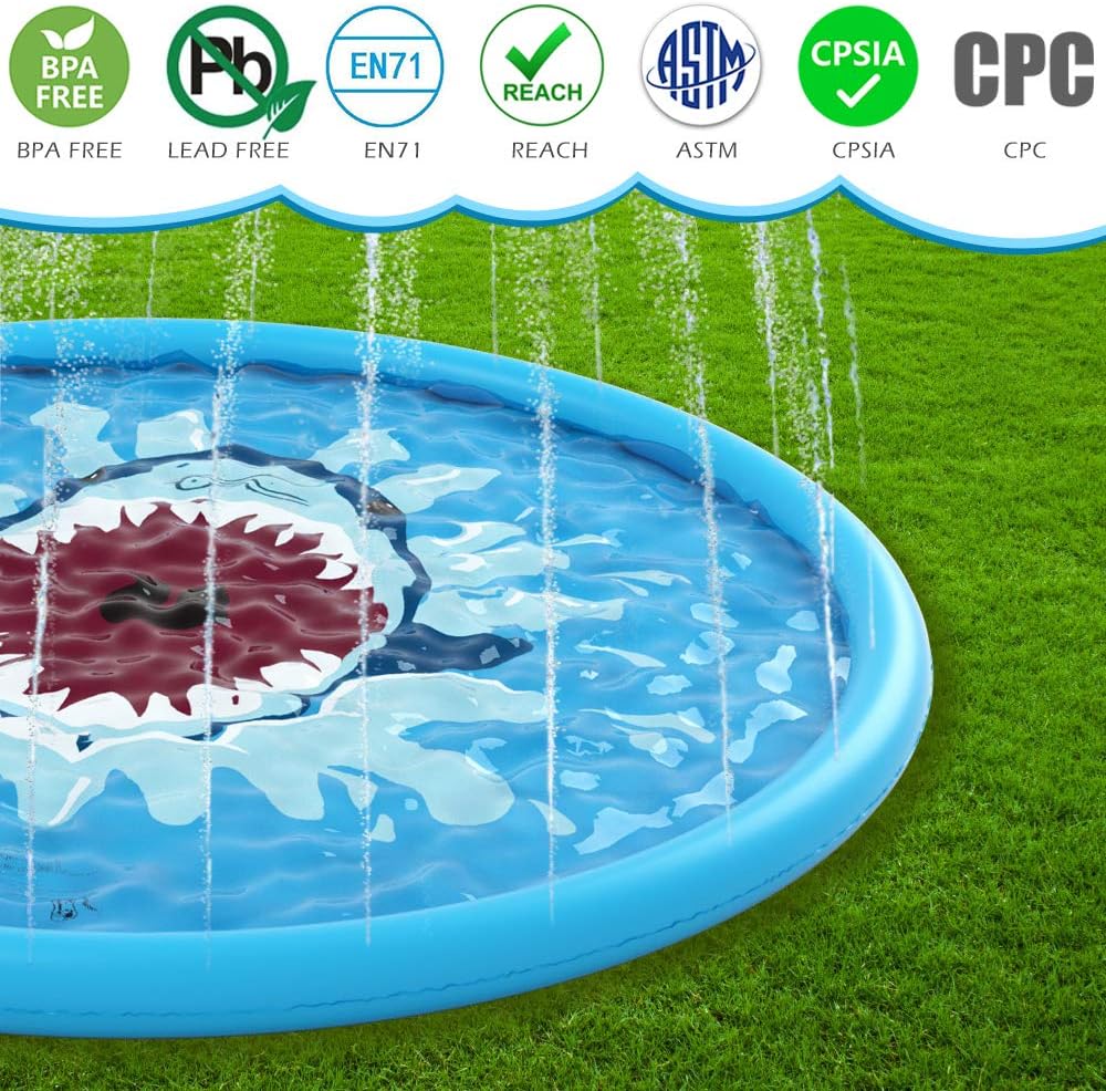 Splash Pad Sprinkler | 68 Shark-Themed Water Play Mat for Kids & Pets
