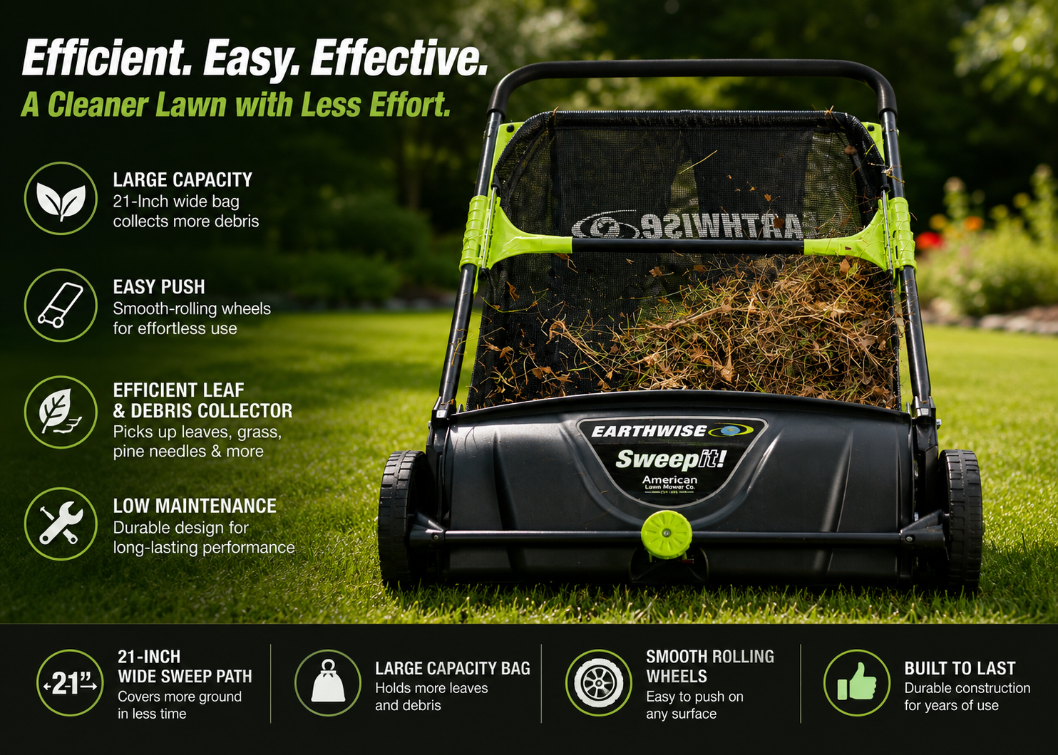 Lawn Care Collection | 21-Inch Push Lawn Sweeper with Large Capacity Bag | Efficient Leaf and Debris Collector for Easy Lawn Maintenance