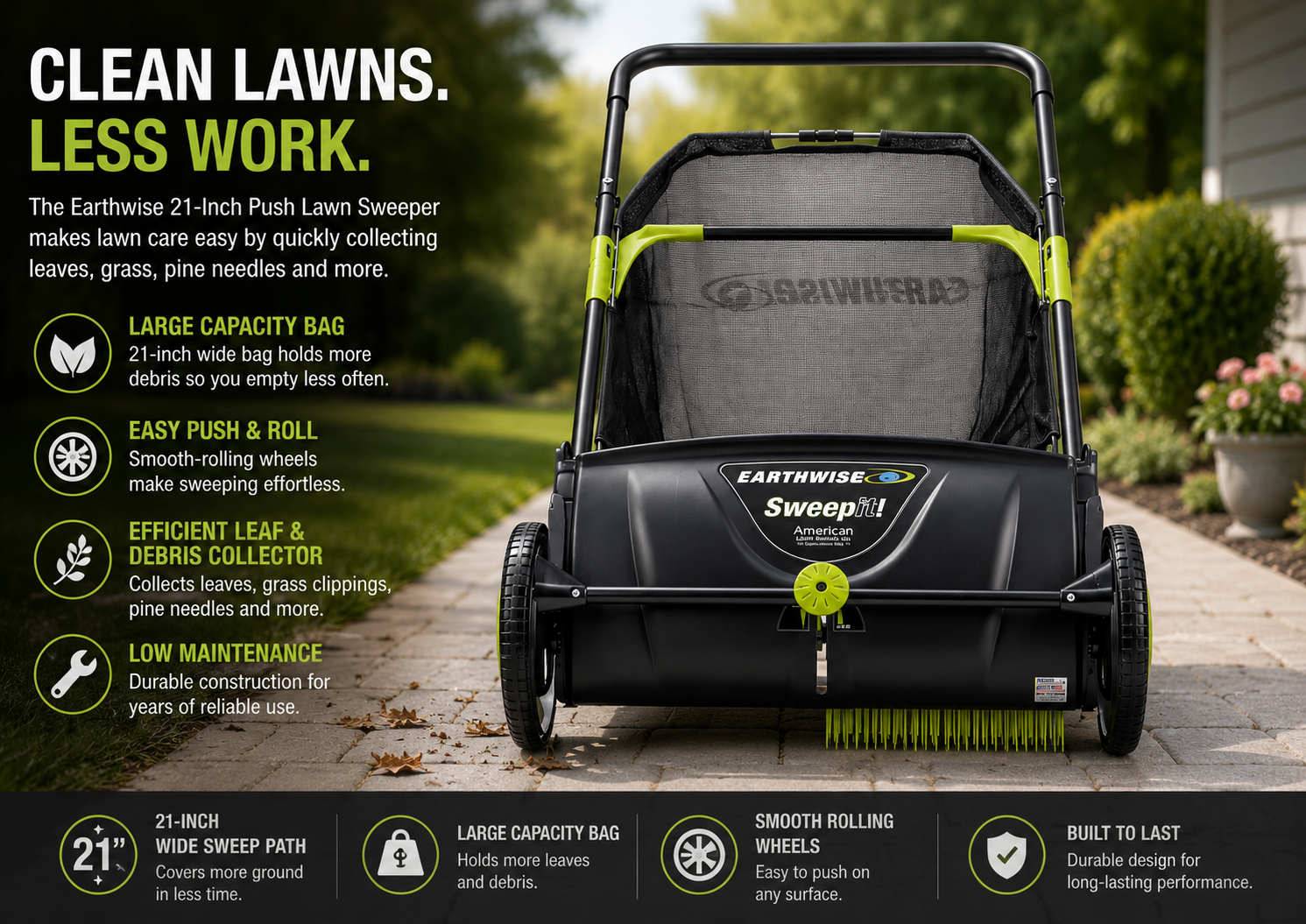 Lawn Care Collection | 21-Inch Push Lawn Sweeper with Large Capacity Bag | Efficient Leaf and Debris Collector for Easy Lawn Maintenance