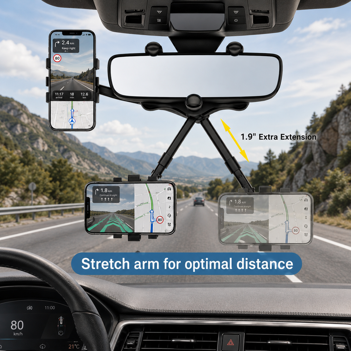 Versatile Car Phone Holder | 360-Degree Rotatable & Retractable Design for Safe Navigation
