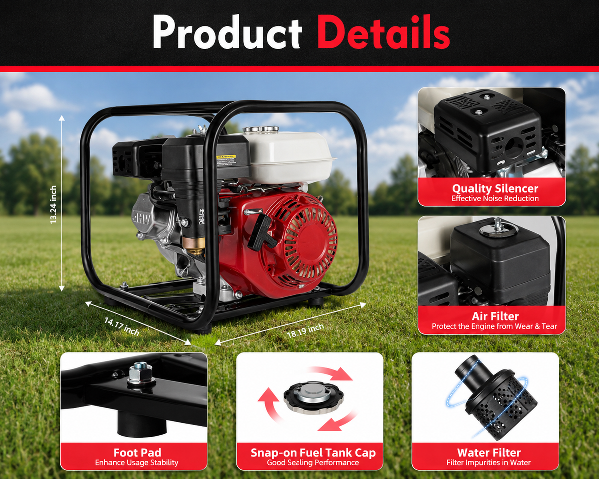 High Flow Gas Water Pump | 6.5HP 4-Stroke Engine with 92 Ft Lift | Efficient Irrigation and Drainage Solution