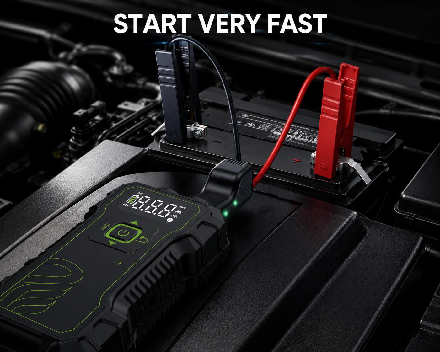 PowerBoost | 10000mAh Car Jump Starter with Air Compressor & Wireless Charging | Compact Design for Emergency Starts
