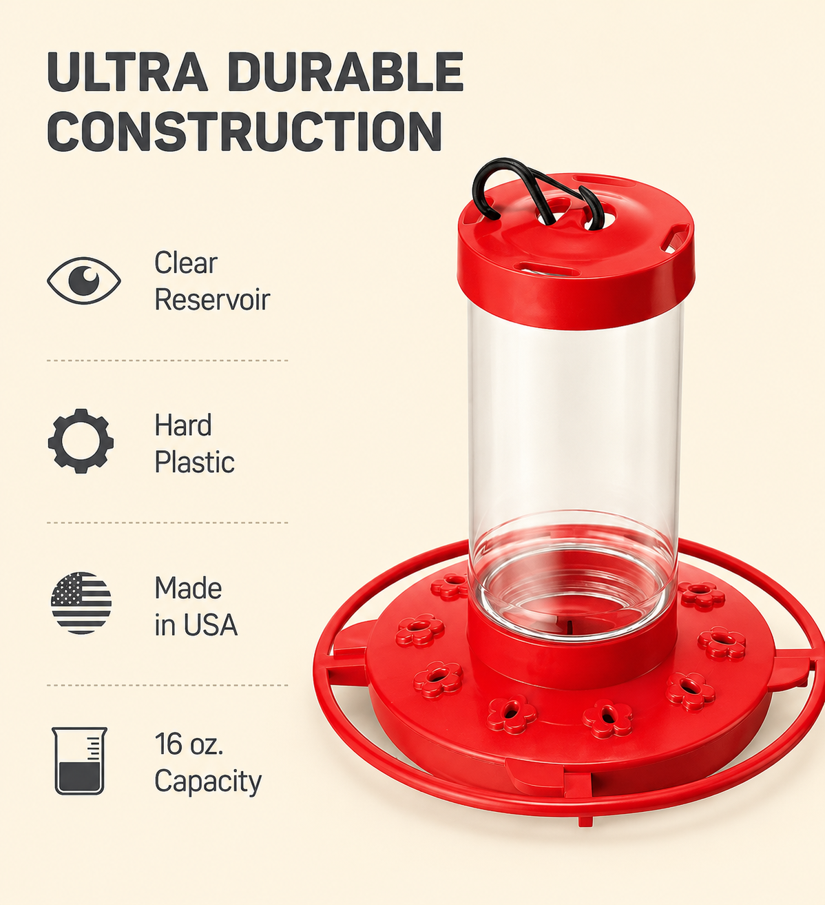 Vibrant Hummingbird Feeder | 16 OZ Capacity with 10 Feeding Ports | Easy Setup for Backyard Birdwatching