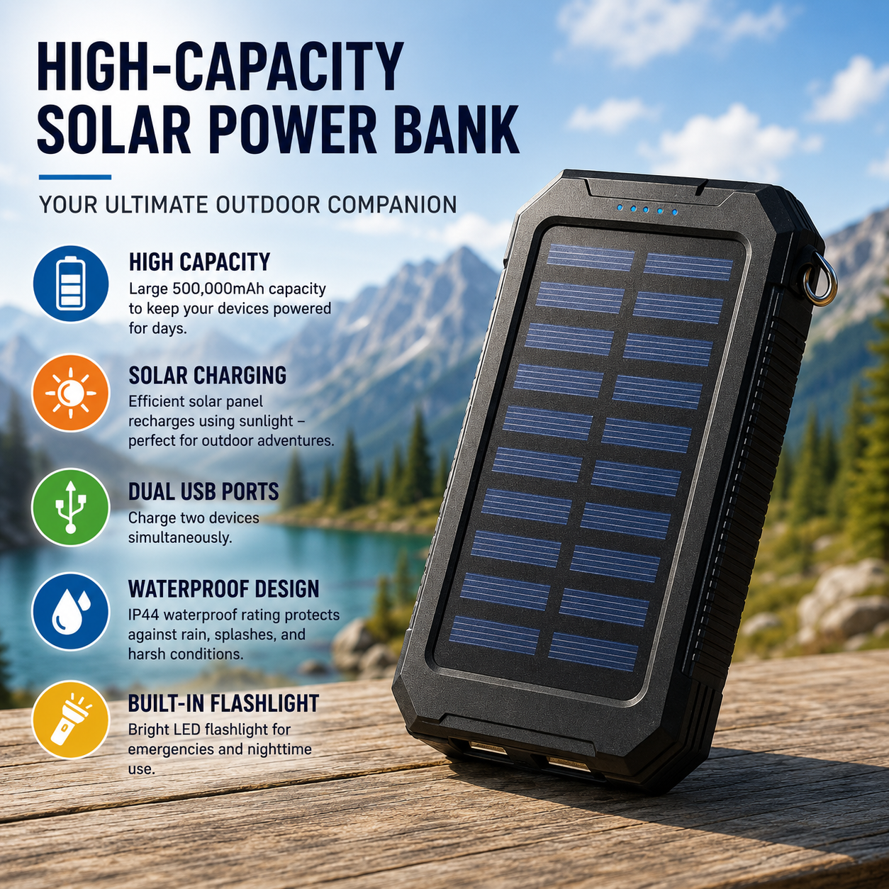 Outdoor Explorer | Solar Power Bank with Dual USB Ports | Waterproof Portable Charger for Emergency Power