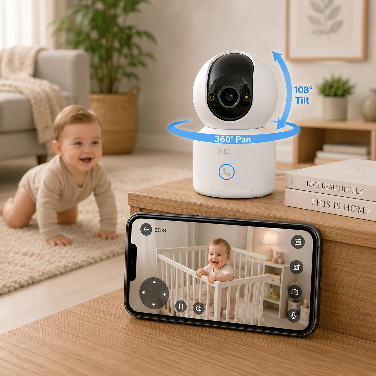 Home Security Camera | 360° Indoor PTZ Camera with AI Auto Tracking | Reliable Monitoring for Your Baby