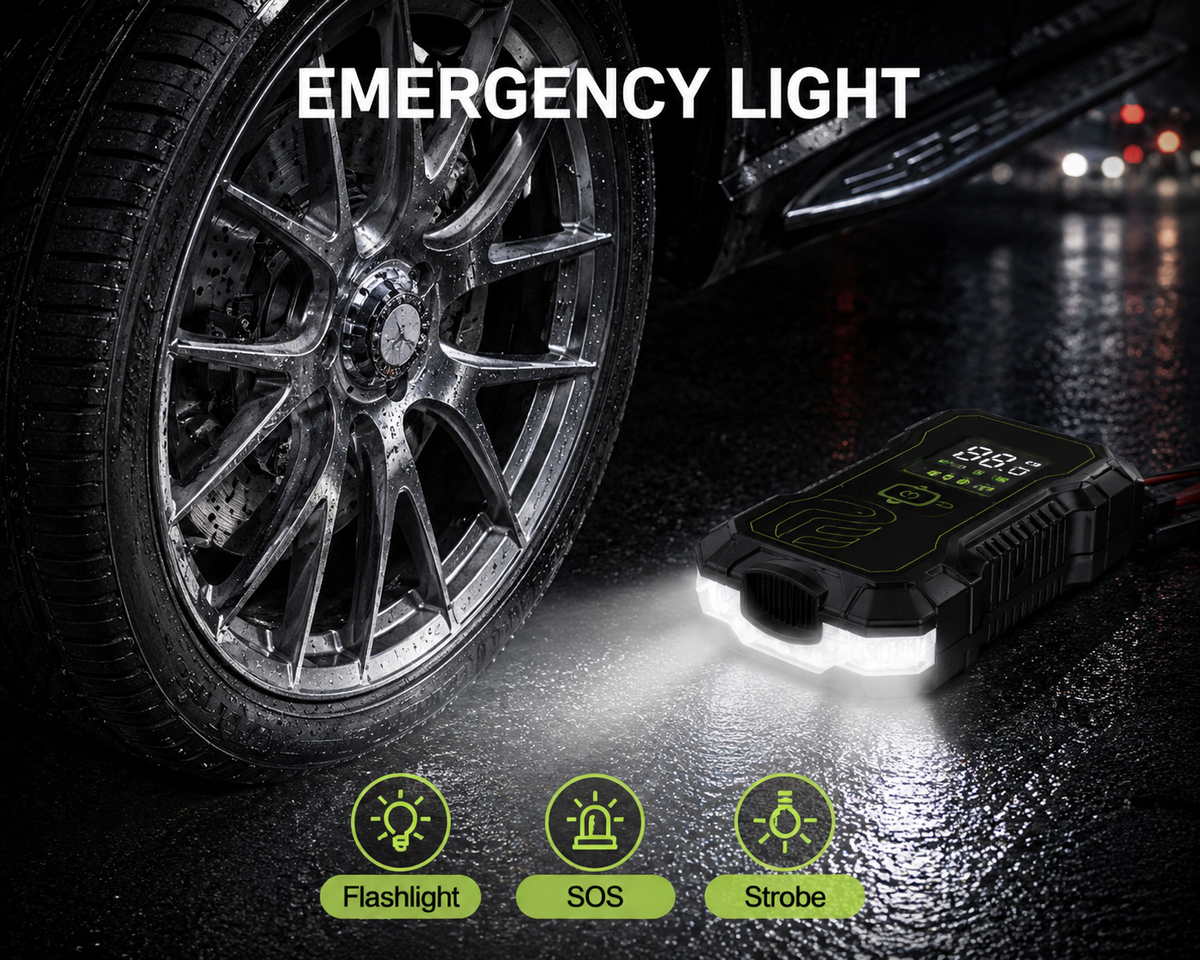 PowerBoost | 10000mAh Car Jump Starter with Air Compressor & Wireless Charging | Compact Design for Emergency Starts