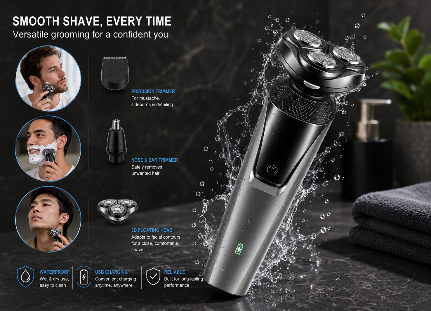 Electric Rotary Shaver for Men with 4D Technology & USB Charging | Waterproof Design for Smooth Shaving