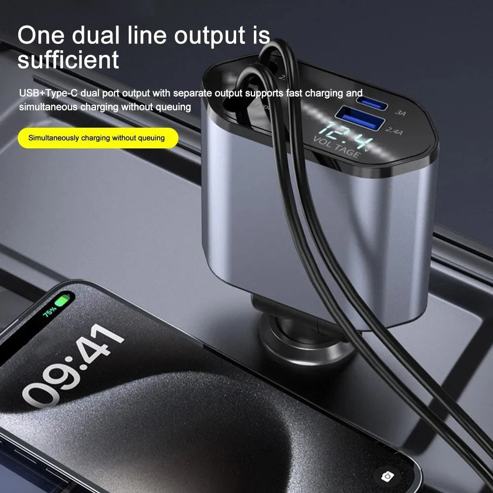 Compact Car Charger | 120W Retractable USB Adapter with Dual Ports | Fast Charging for All Devices 1
