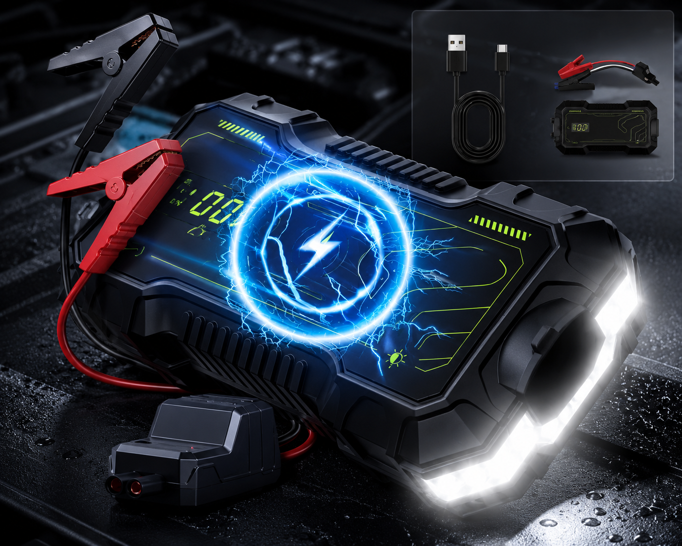 PowerBoost | 10000mAh Car Jump Starter with Air Compressor & Wireless Charging | Compact Design for Emergency Starts