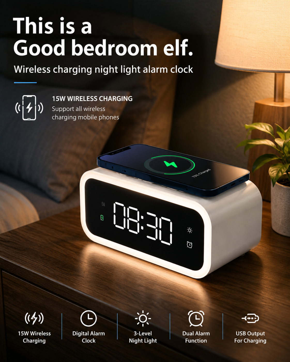 Multitime | Digital Alarm Clock with Qi Wireless Charging & Adjustable Brightness | Stylish Design for Convenient Bedside Use