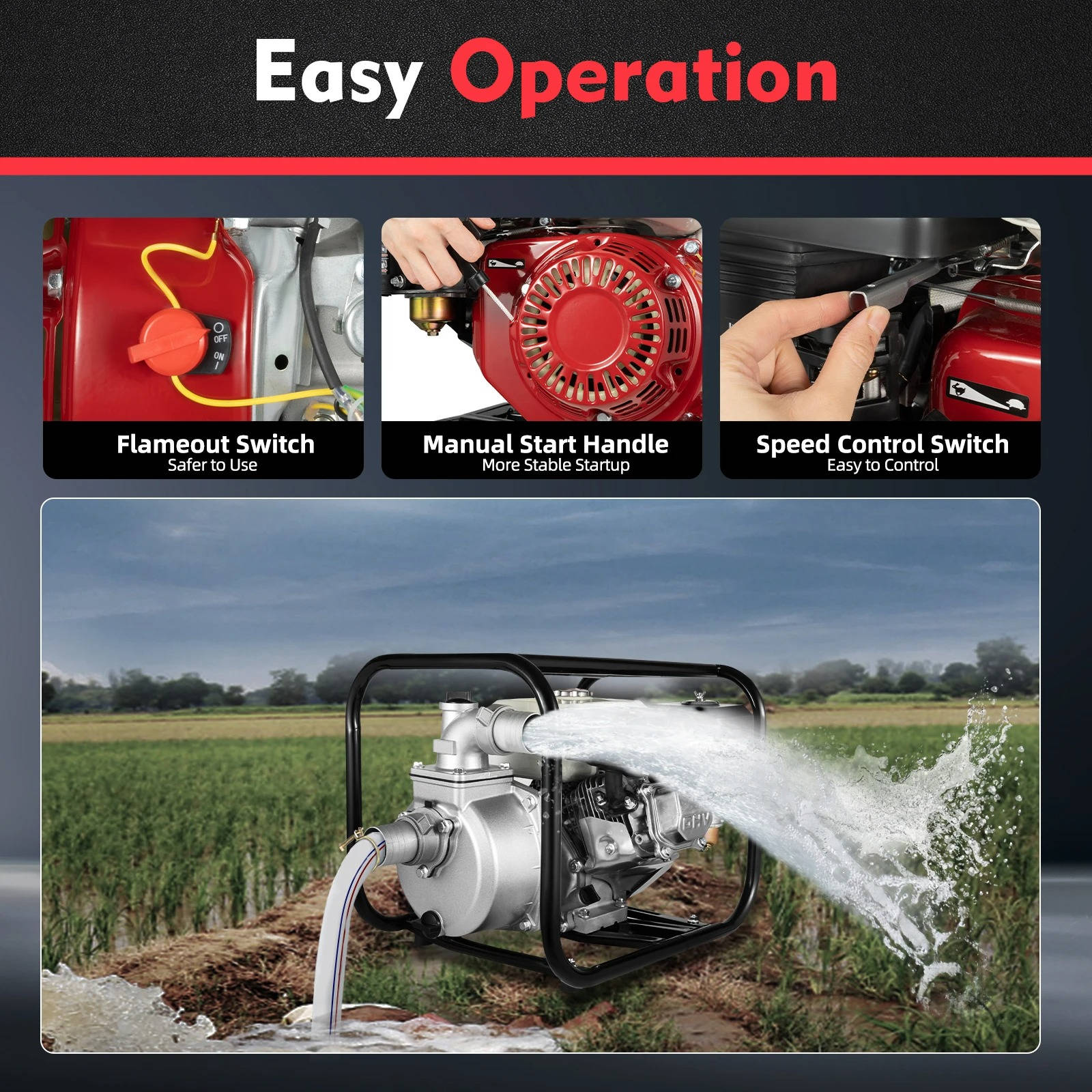 High Flow Gas Water Pump | 6.5HP 4-Stroke Engine with 92 Ft Lift | Efficient Irrigation and Drainage Solution 4