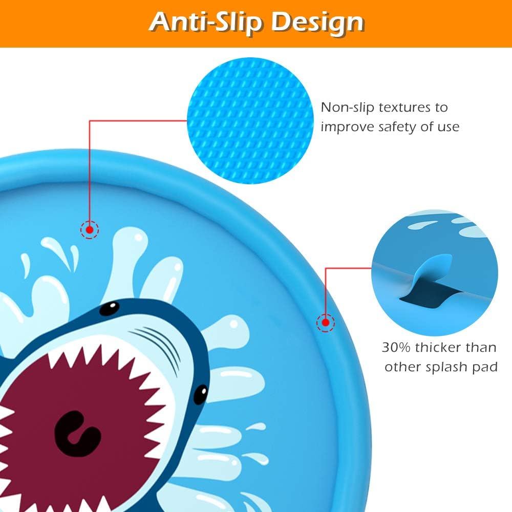 Splash Pad Sprinkler | 68 Shark-Themed Water Play Mat for Kids & Pets